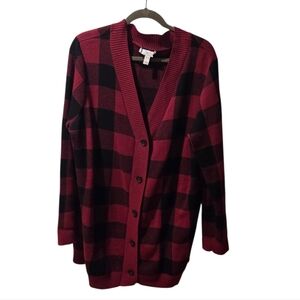 D & Co Buffalo Check Button-Front Tunic Cardigan Sweater